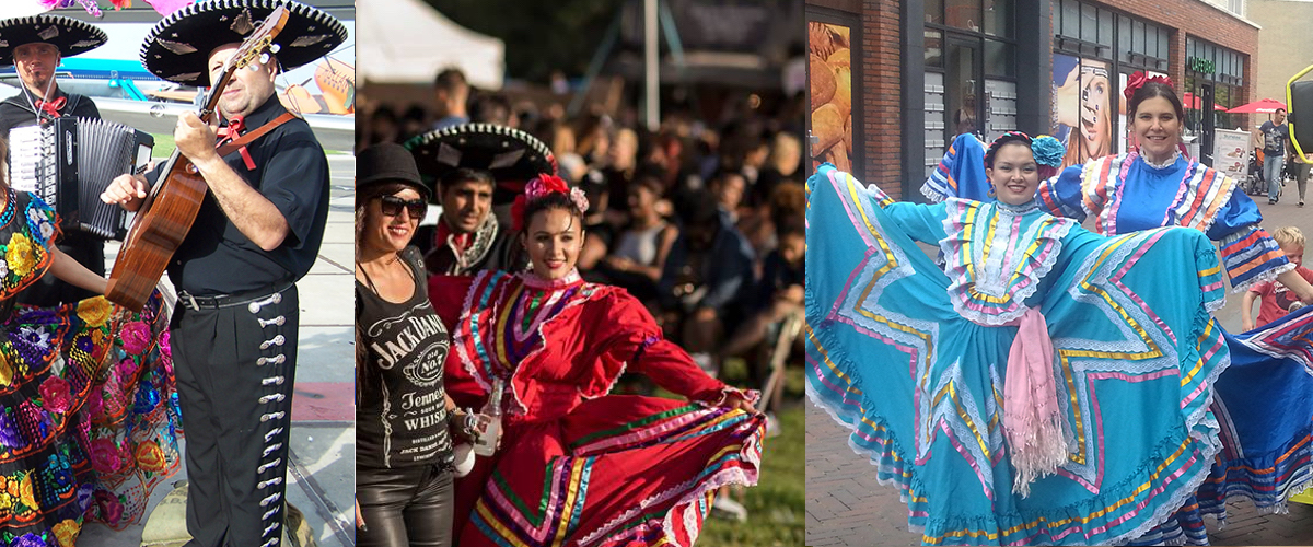 Kleurrijke pinata's, prachtige decoratie Mexicaanse livemuziek